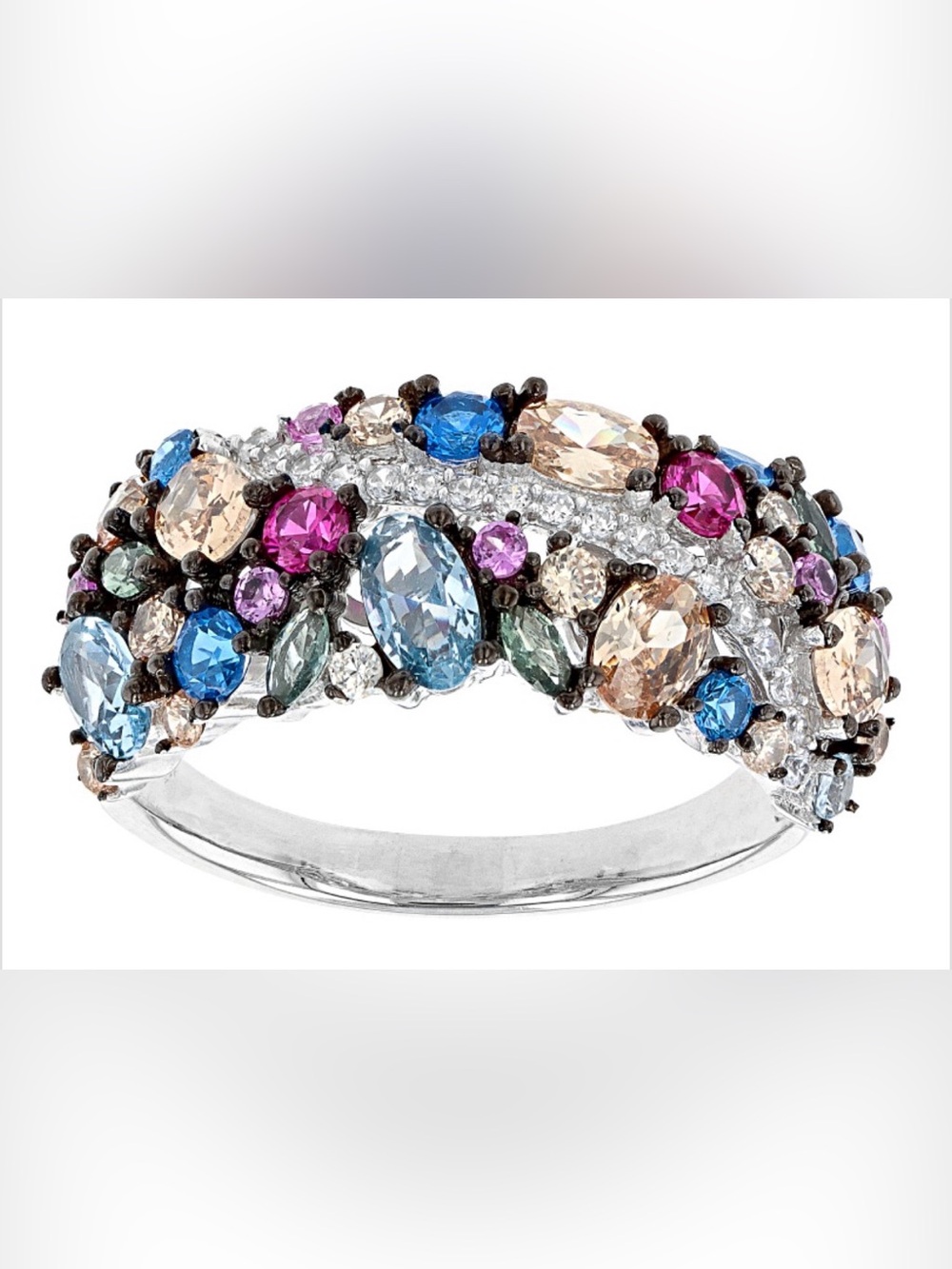 Multicolor Gemstone Simulants Rhodium Over Sterling Silver Ring Size 8